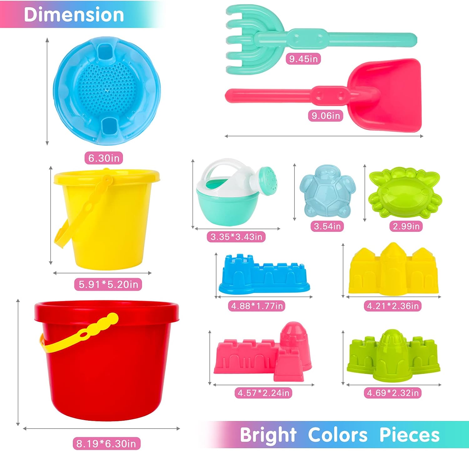 Beach Toys for Kids, Sand Toys Set Includes 8 Inch Bucket, 6 Inch Bucket, Watering Can, Shovel, Rake, Animal and Castle Sand Molds, Sand Box Toys Gift for Toddlers Boys & Girls (12 Pieces): Toys & Games