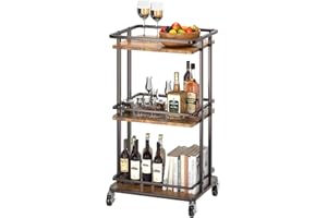 XYZLVSI 3-Tier Rolling Serving Bar Cart, Wood and Metal Kitchen Island Storage Cart with Wheels, Multifunction Utility Cart Storage Rack for Home, Kitchen, Bar, Dinning Room, Living Room (Brown)