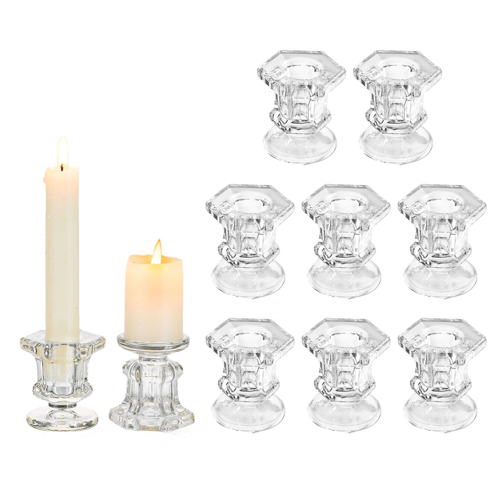 Candlestick Holders Glass Candle Holder, Glasseam Clear Candle Stick Stands 10 Pcs Candlesticks Taper Candle Sticks Holder Christmas Candle Holders for Living Room Dining Table Wedding Decoration