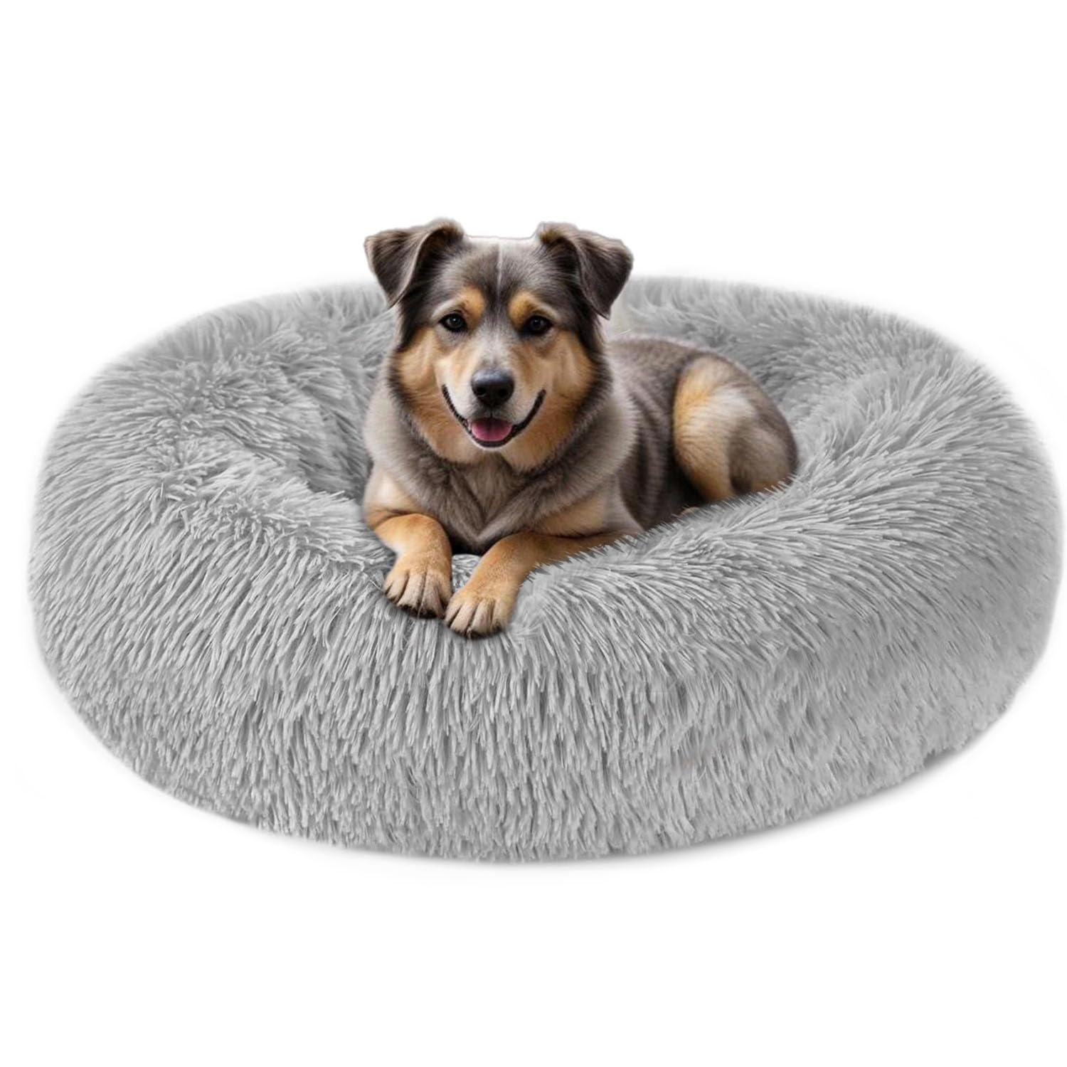 ELYF Plush Donut Dog Bed (80cm) - Calming Cat Bed for Indoor Cats Self-Warming Round Pet Cushion with Anti-Slip, Waterproof Base & Reversible Design, Machine Washable - Light Grey