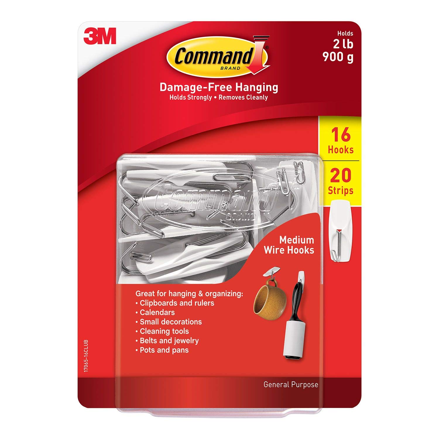 3M Command Medium Wire Hooks, White, 16 Hooks with 20 Strips
