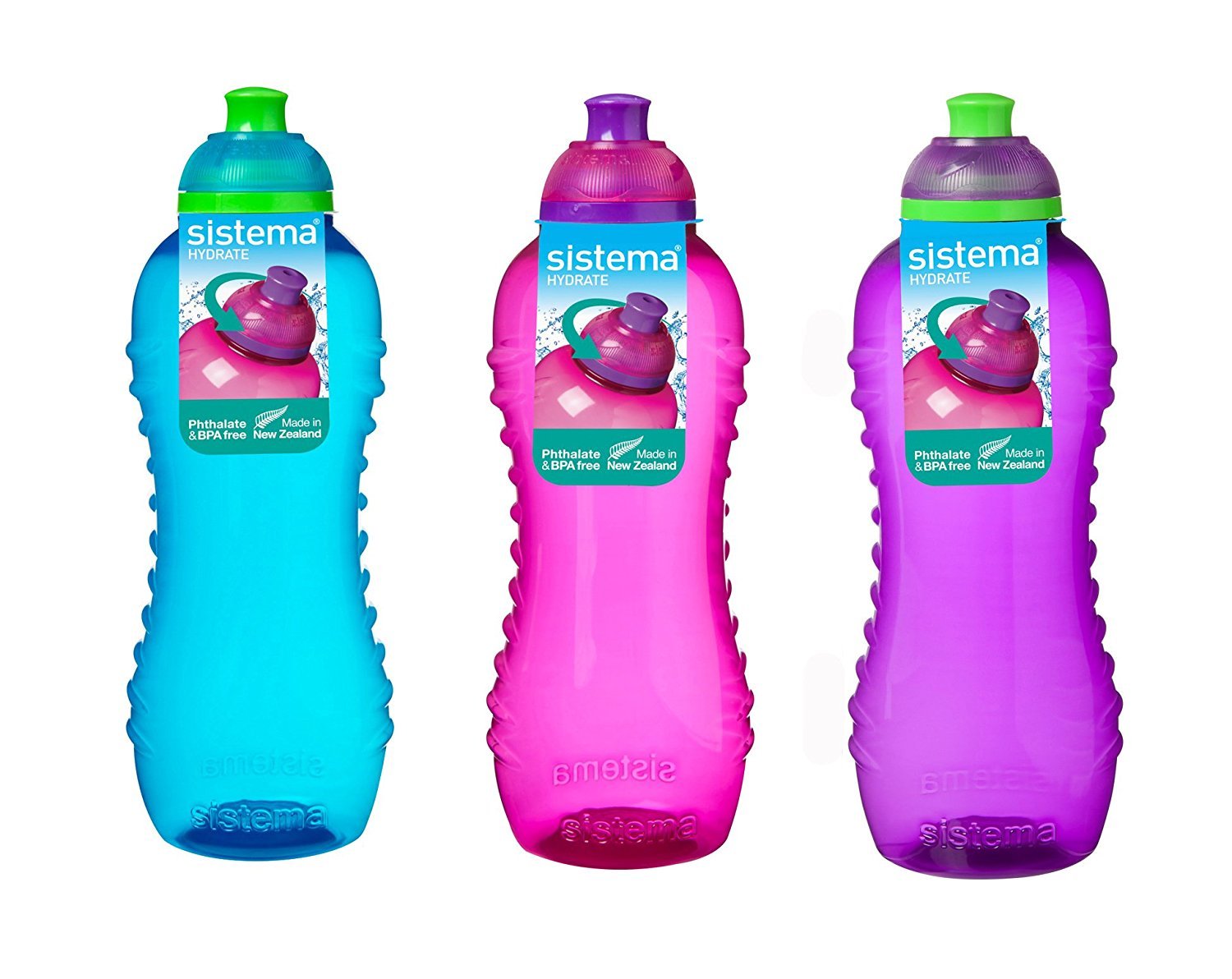 3 Sistema 460ml Twist n Sip Drink Bottles, Blue, Pink, Purple