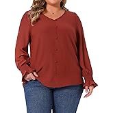 Agnes Orinda Women's Plus Size Tops V Neck Smocked Long Sleeve Button Decor Front Casual Chiffon Blouse Top