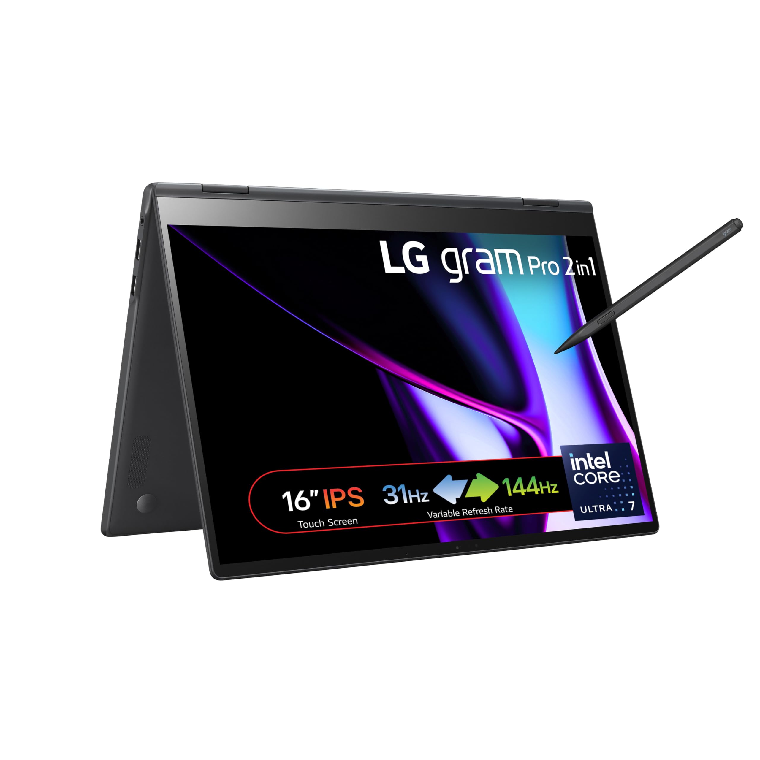 LG gram Pro 2in1 2024 16T90SP - 16 Inch 2.5K IPS Touchscreen 144Hz VRR, Ultra-Lightweight 2-in-1 Laptop, Intel Core Ultra 7 155H, 16GB RAM, 1TB SSD, Windows 11 Home, Stylus Pen, Black