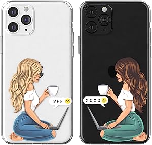 Toik Matching Couple Cases for Apple iPhone 11 Pro Xs Max Xr 10 X 8 Plus 7 6s 5s SE Flexible Cute Cover Teen Basic XOXO Boyfriend Protective Clear BFFs Soulmate Blonde Design Silicone Girls Chatting