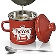 PGYARD Mini Bacon Grease Container With Strainer - 15OZ Enamel Grease Saver, Farmhouse Bacon Grease Keeper For Kitchen Fat Storage, Dishwasher Safe-Red