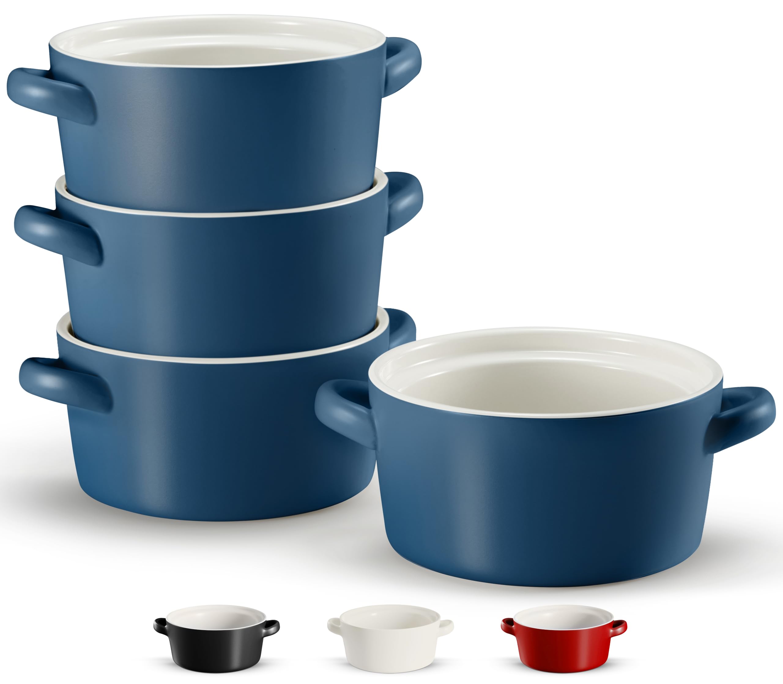 Photo 1 of ***MINOR DAMAGE*** Kook Soup Crocks, Ceramic Stackable Bowls, Broil, Oven, Microwave and Dishwasher Safe, with Handles, For Casserole, Pasta, Cereal, Capacity 18 oz, Set of 4, (Matte Blue)