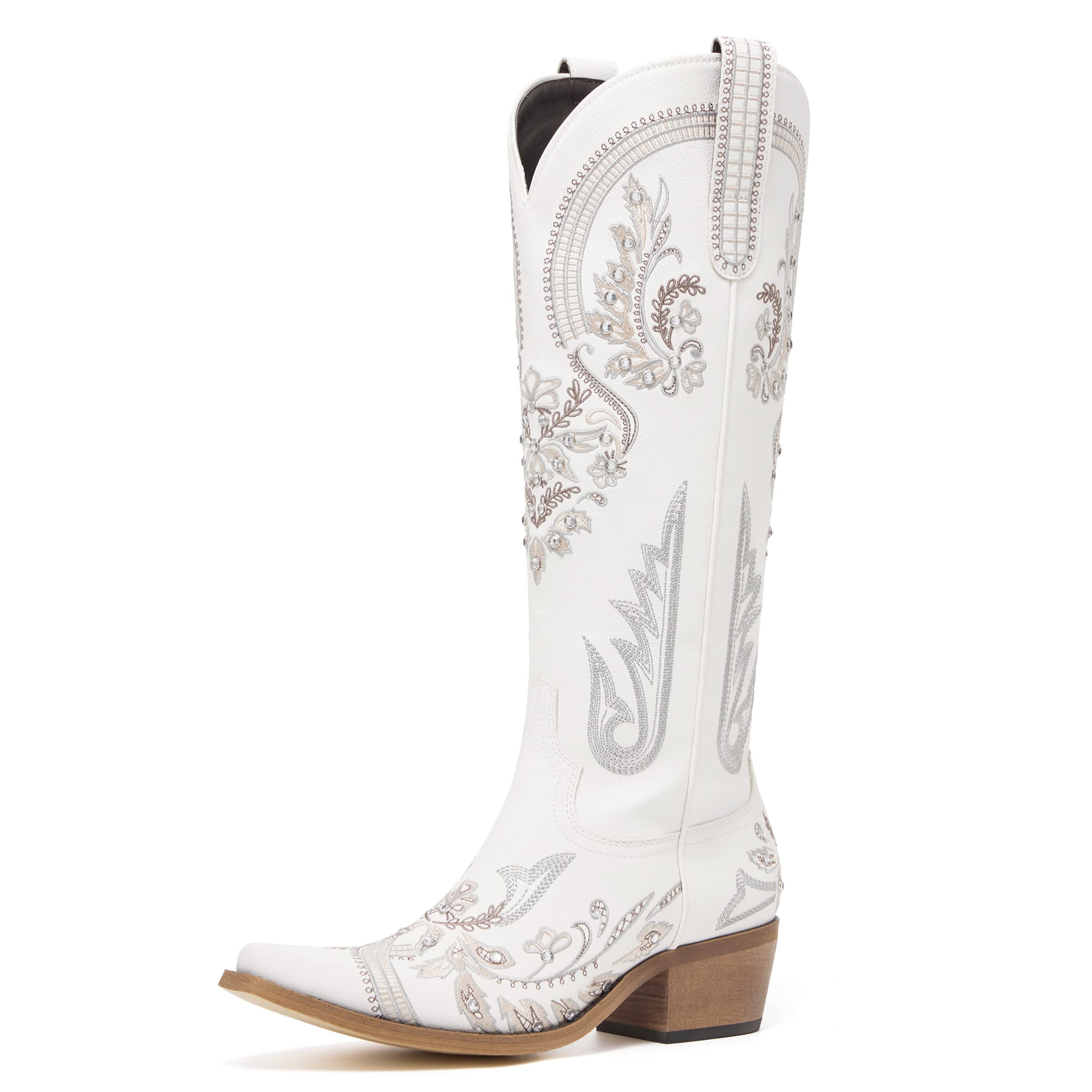 View 1 of Western Cowboy Boots for Women Embroidered Rhinestones Knee High Cowgirl Boots Pointed Toe Chunky Heel Fashion Retro Classic Tall Boot