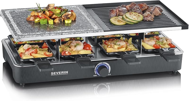 Raclette-Grill mit Naturgrillstein und Grillplatte, Raclette mit antihaftbeschichteter Grillplatte und 8 Pfännchen, Tischgrill für 8 Personen, max. 1300 W, schwarz, RG 2371