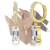 Sterling Silver Dangle Hoop Earrings - Sparkling Cubic Zirconia Hypoallergenic Square Loop Earrings Fashion Gifts for Her Mom Wife