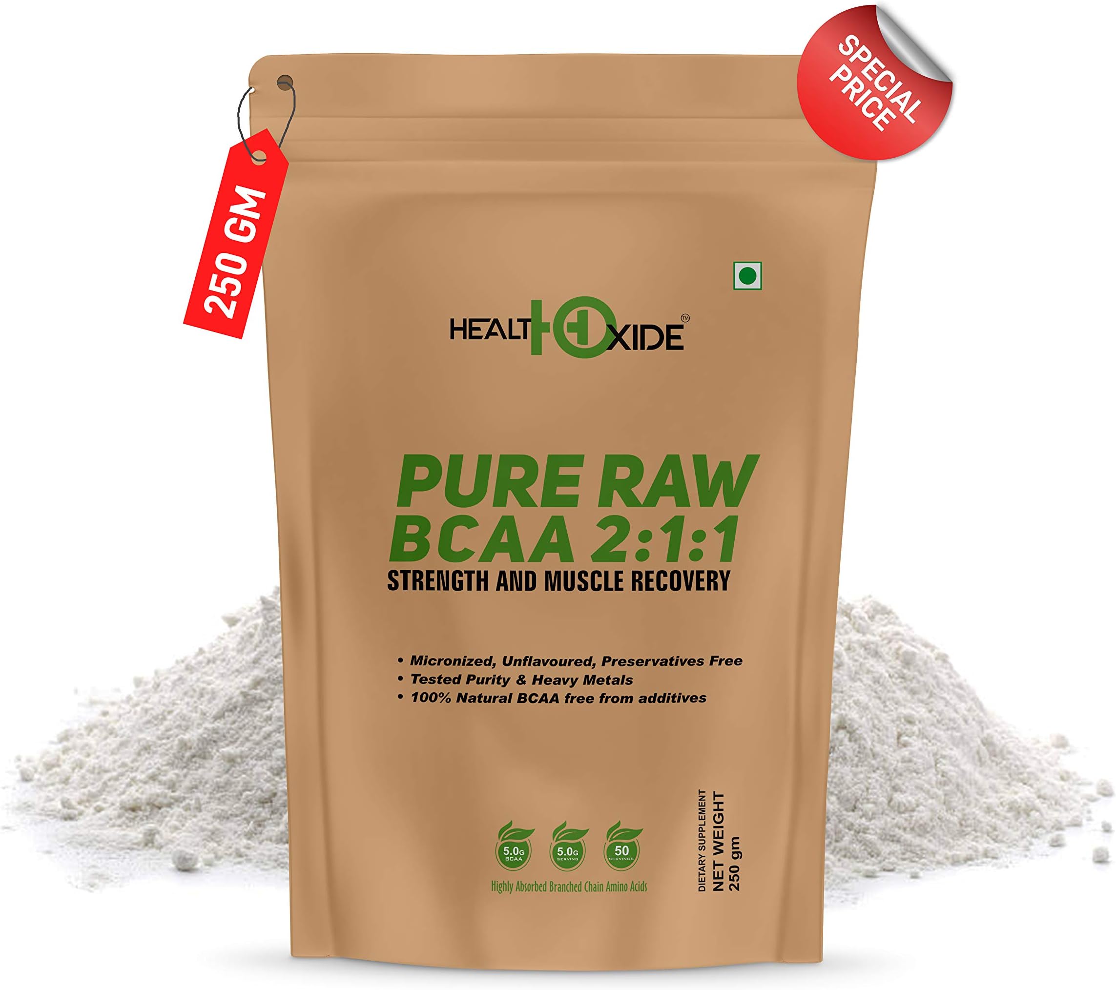 HealthOxide Pure Raw BCAA 100% Powder Pre/Post Workout Supplement - 250 Gms