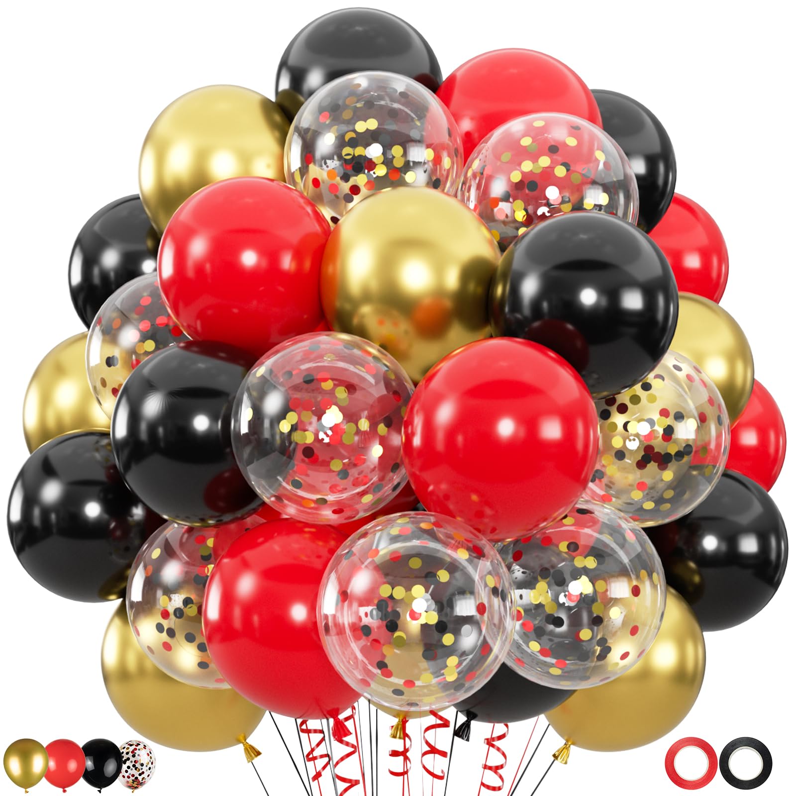 Photo 1 of 100pcs Black Gold Red Balloons, 12inch Red Black and Metallic Gold Confetti Balloons for Birthday, Anniversary, Casino Night, Graduation, Hollywood Movie Night Party Decorations