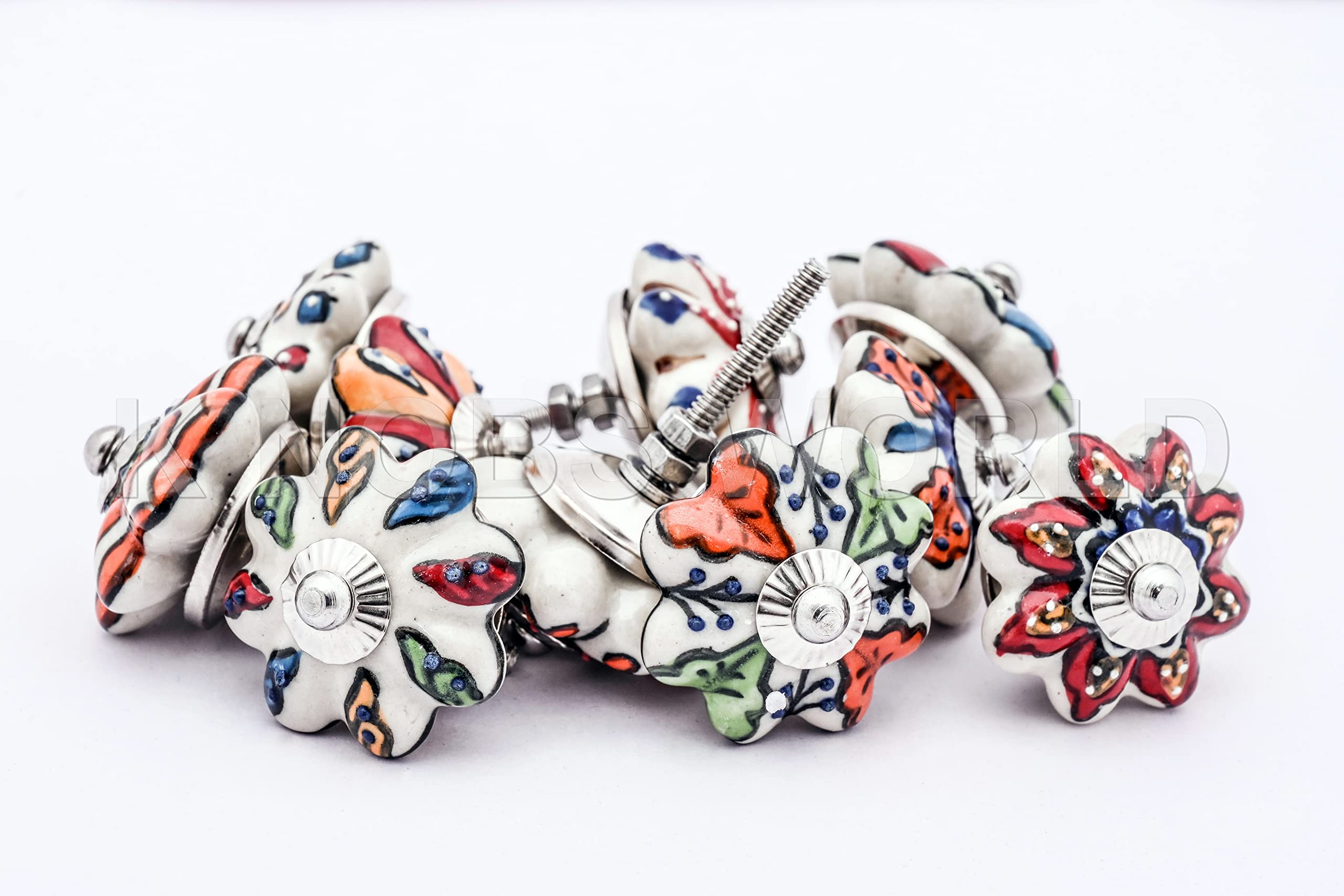 KNOBSWORLD Small 1" 10 Knobs Assorted Rare Hand Painted Ceramic Knobs Cabinet Drawer Pull Pulls
