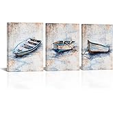 KLVOS Coastal Beach Canvas Wall Art Blue Sailing Boat Painting Pictures Framed Abstract Nautical Artwork for Bathroom Living Room Bedroom Home Decoration 12x16inchx3PCS