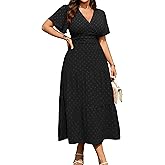 RWJ Women's Plus Size Wrap V Neck Dress Summer Short Sleeve Swiss Dot Empire Waist Casual Holiday Wedding Maxi Dresses