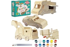 Kraftic Woodworking Building Kit for Kids and Adults, 3 Educational DIY Carpentry Construction Wood Model Kit Toy Projects for Boys and Girls, Build a Wooden Food Truck, Racing Car and Garbage Truck