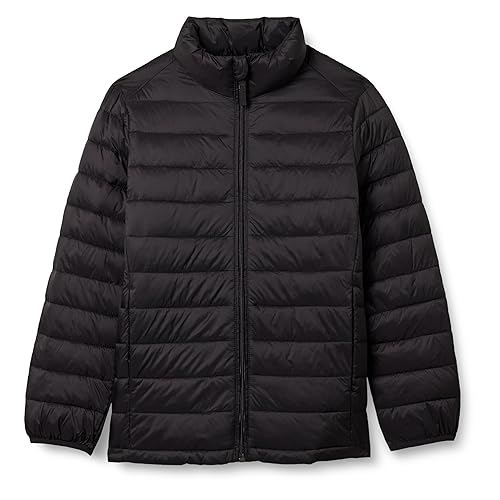 Amazon Essentials Boys' Lightweight Water-Resistant Packable Puffer Jacket, Black, 9 Years