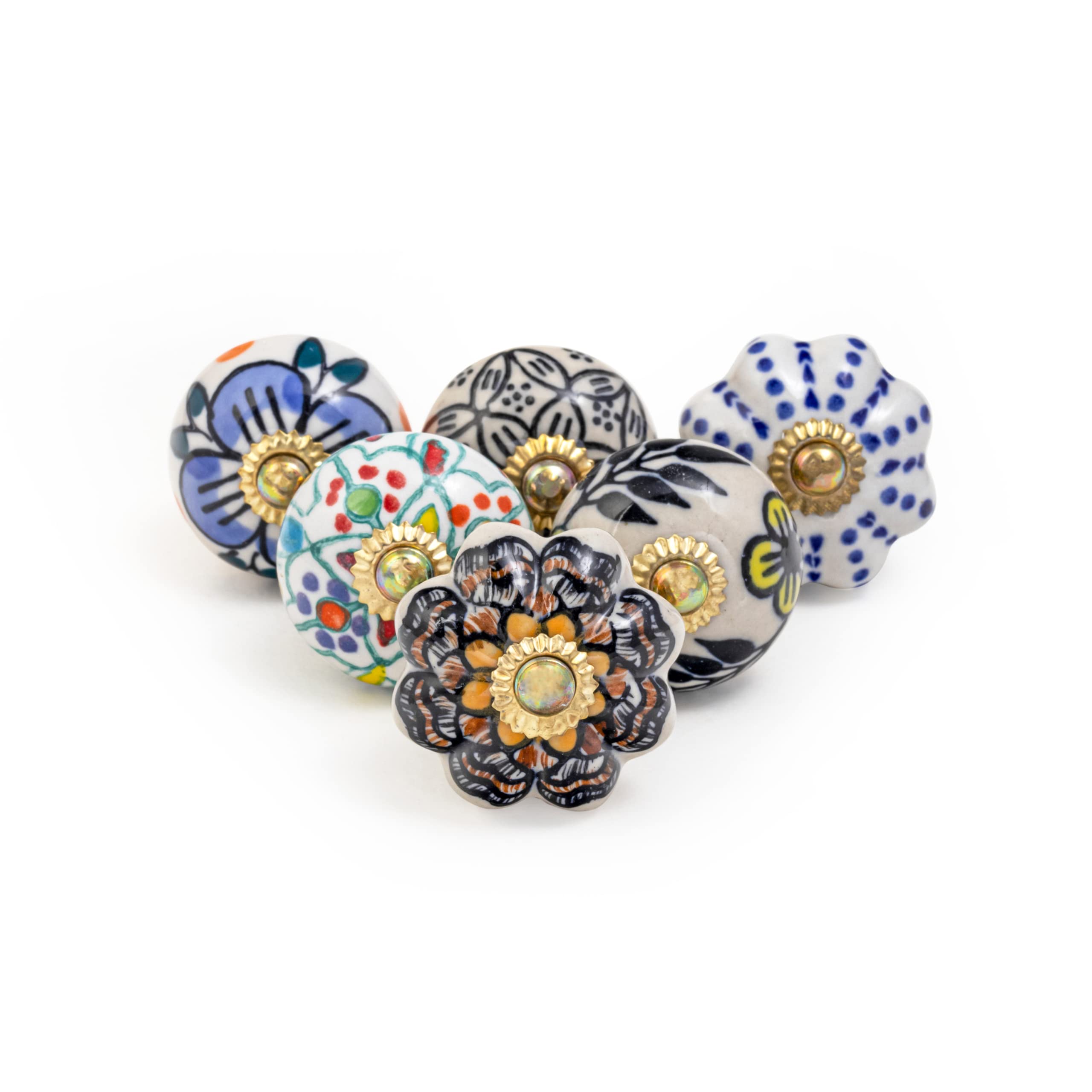 RAJRANG Multi Color Ceramic Door Knobs for Drawers Kitchen Wardrobe Cabinet Handles with Brass Pottery Flower Bathroom Cupboard Dresser Pull knob Set of 6