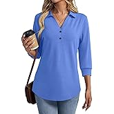 TICTICMISS Women's V Neck Polo Shirts 3/4 Length Sleeve Tops Collared Business Casual Summer Blouses