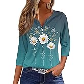 3/4 Length Sleeve Womens Tops 2026 Henley Neck Shirts Three Quarter Sleeve Tshirts