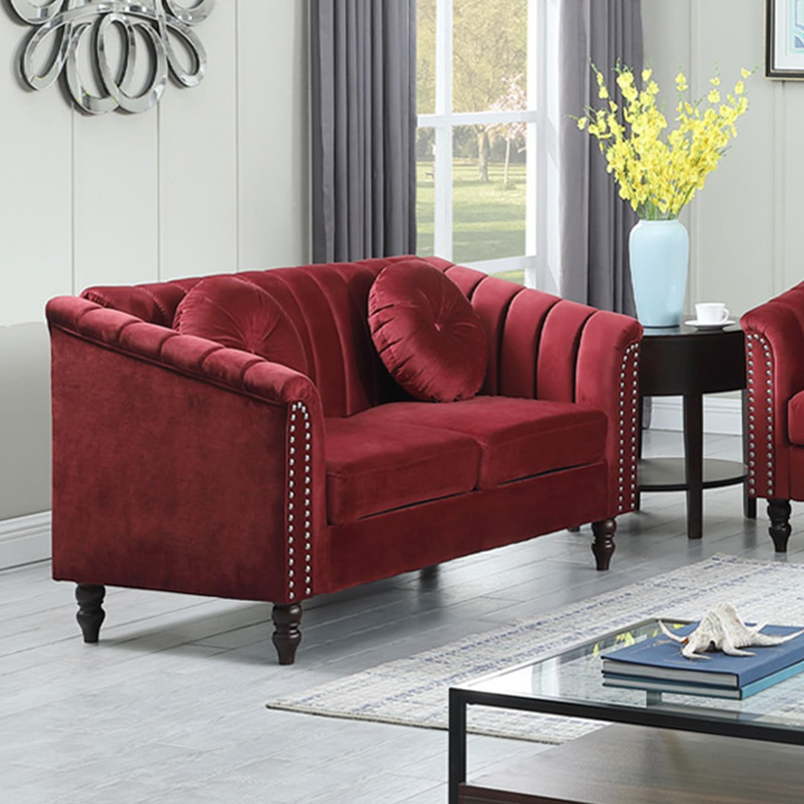 Photo 1 of XRYZHC Red Short Plush Loveseat Sofa, Double Ball Design Solid Wood Sofa Legs, Nail Head Decoration - Comfortable and Stylish Living Room Furniture