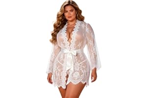 ohmydear Women's Sheer Robe Lace Nightgown with Belt See Through Lingerie Cover Up Sexy Sleepwear for Women Plus Size