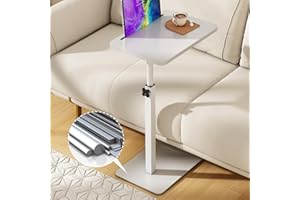 Forevich Bamboo Sofa Tray Table C Shaped Side End Table with Metal Base, Adjustable Height Swivel Snack Couch for Bed Small Spaces Living Room White Table and White Base