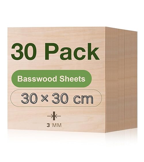 ROBOTIME 3mm Plywood Sheets Cut to Size 30×30 CM 30 Pack Wood Burning Model Making Laser Ply Material, Thin Wood Sheets for Craft Projects