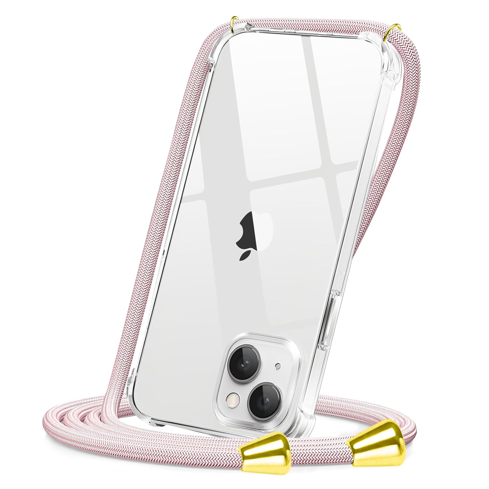CAROKI Crossbody Case for iPhone 13,Necklace Mobile Phone Cover with Cord Strap Clear Transparent TPU Soft iPhone 13 Cover Holder with Neck Cord Lanyard Strap-Rose Gold
