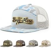 Custom Logo Hat Flat Bill 7 Panel Trucker Laser Engraved Faux Leather Patch