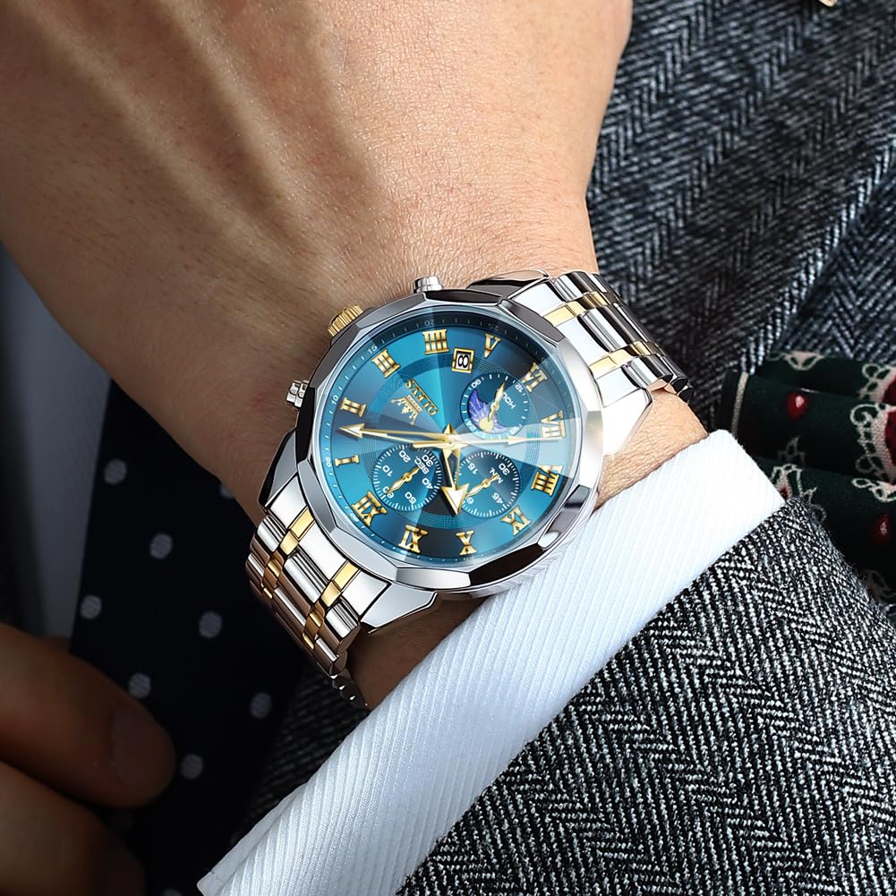 OLEVS Männer Uhr Quarz Luxus Business Uhren Multifunktion Chronograph Mondphase wasserdicht Leuchtend blaues Gesicht Silber Edelstahl Armbanduhren 5