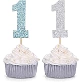 Pack of 24 Blue and Silver Glitter One Cupcake Toppers for Baby Boy First Birthday Party Picks Decorations