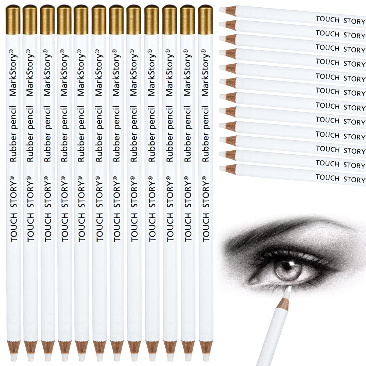 Ruisenda 12 Pieces Eraser Pencils Set for Artists, Professional Highlight Painting Eraser Wooden Sketch Eraser Pen for Sketching, Revise Erasing Details Charcoal Drawings, 6.9 Inch, White