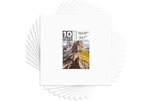 MBC Mat Board Center, Pack of 10, 12x12 for 5x7 White Photo Picture Mats - Acid Free, 4-ply Thickness, White Core - for Pictu
