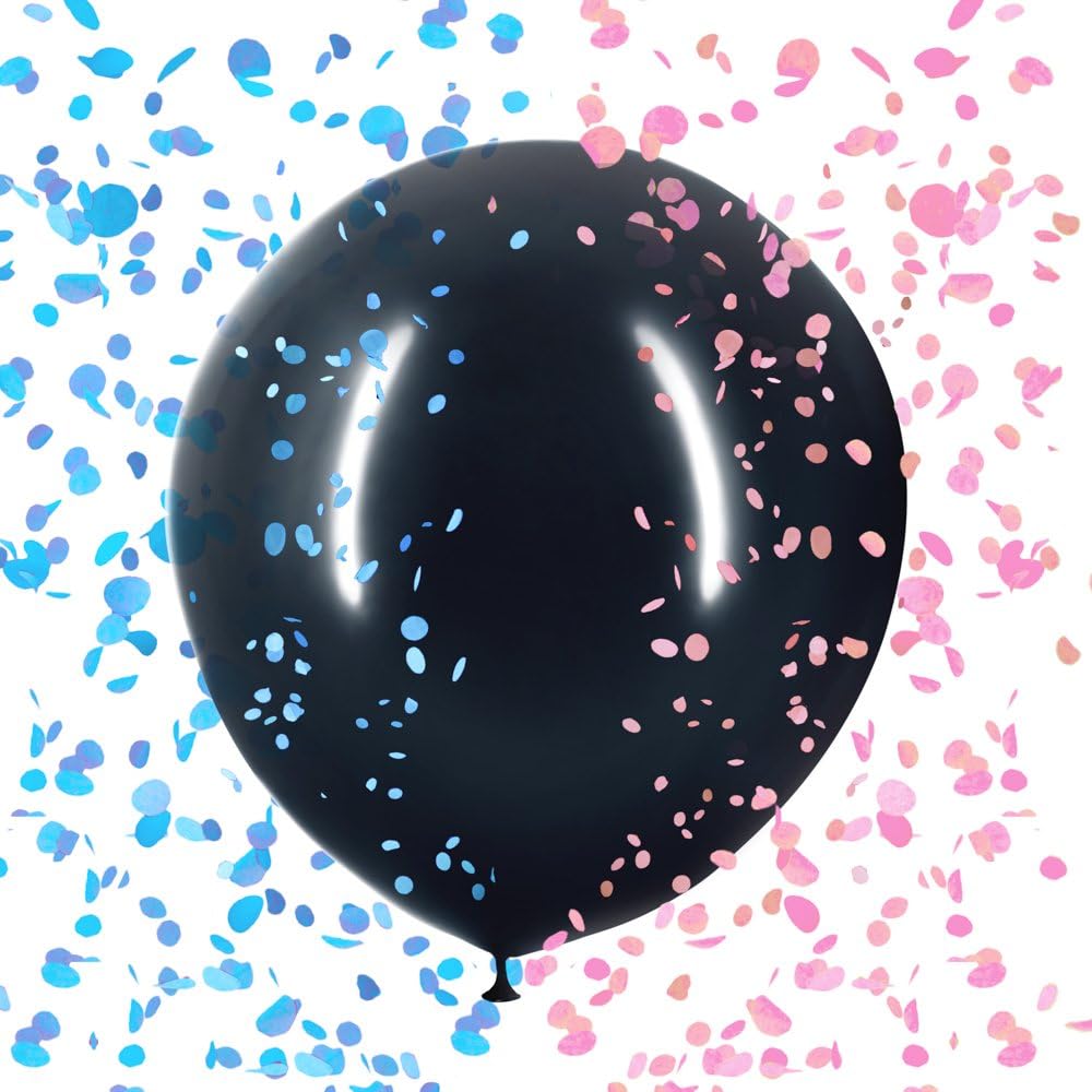 36" Baby Gender Reveal Balloon - Come with 36 Inch Jumbo Black Balloons and Pink, Blue and Multicolored Confetti for Baby Shower Pregnancy Announcement Boy or Girl Party