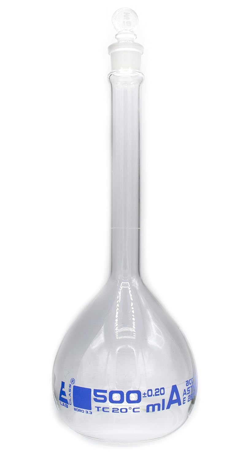 Volumetric Flask 500ml Class A Astm Tolerance 0 200 Ml Glass Stopper Single Blue Graduation Eisco Labs Amazon Com Industrial Scientific