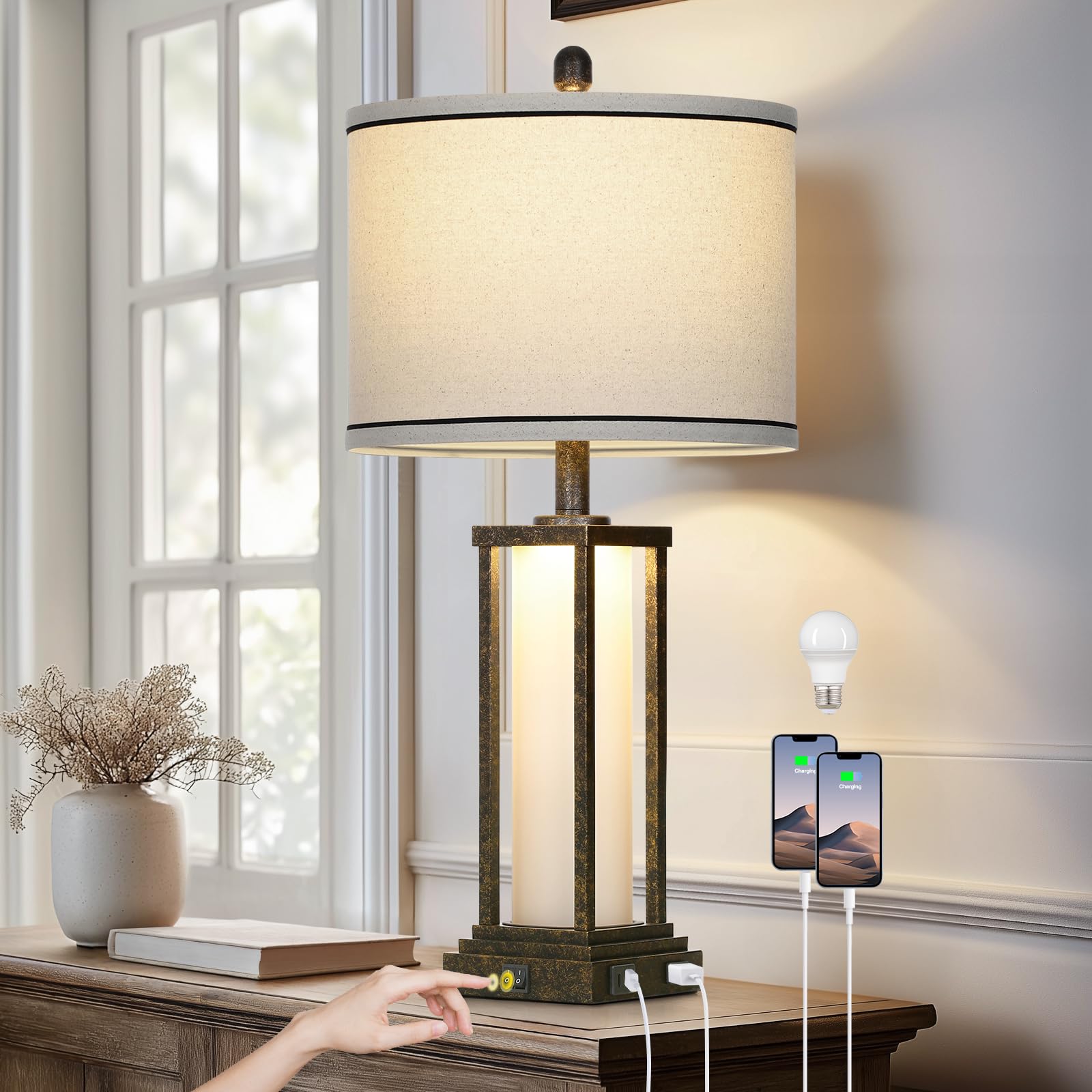 Photo 1 of luxeflow 27in Tall Farmhouse Table Lamp with USB C+A & Outlet,Bronze Industrial End Table Lamp for Living Room,Vintage Rustic Bedside Lamp with Night Light for Bedroom Nightstand,Single Bronze