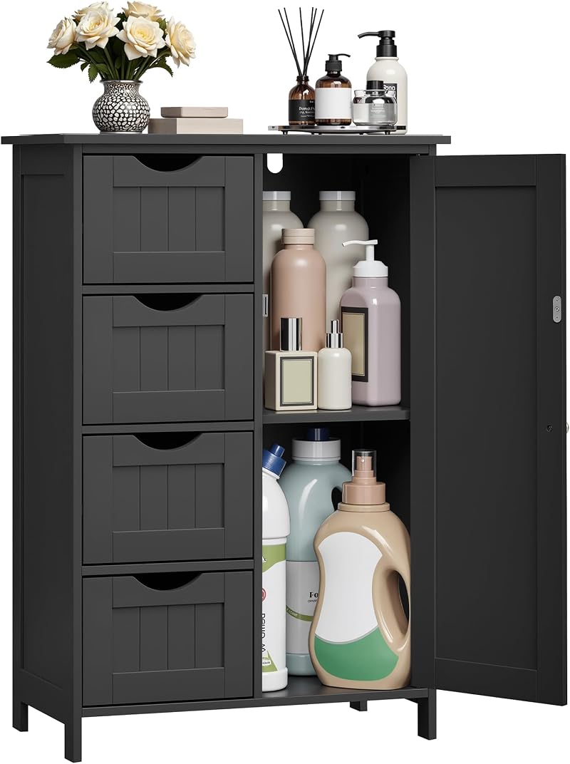 VASAGLE Bathroom Floor Storage Cabinet 4 Drawers 1 Door 30x55x82cm Ink Black