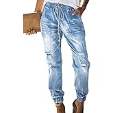 LONGYIDA Jean Joggers for Women Denim Ripped Loose Jeans High Waisted Stretch Drawstring Denim Joggers Pants