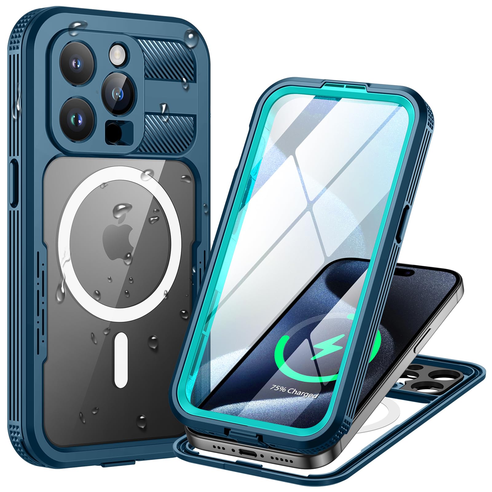 Lanhiem for iPhone 15 Pro Waterproof Case, [Compatible with MagSafe] Heavy Duty Shockproof Dustproof Cover with Screen Protector, Front and Back Magnetic Case for iPhone 15 Pro - 6.1 inch (Blue) — image 1