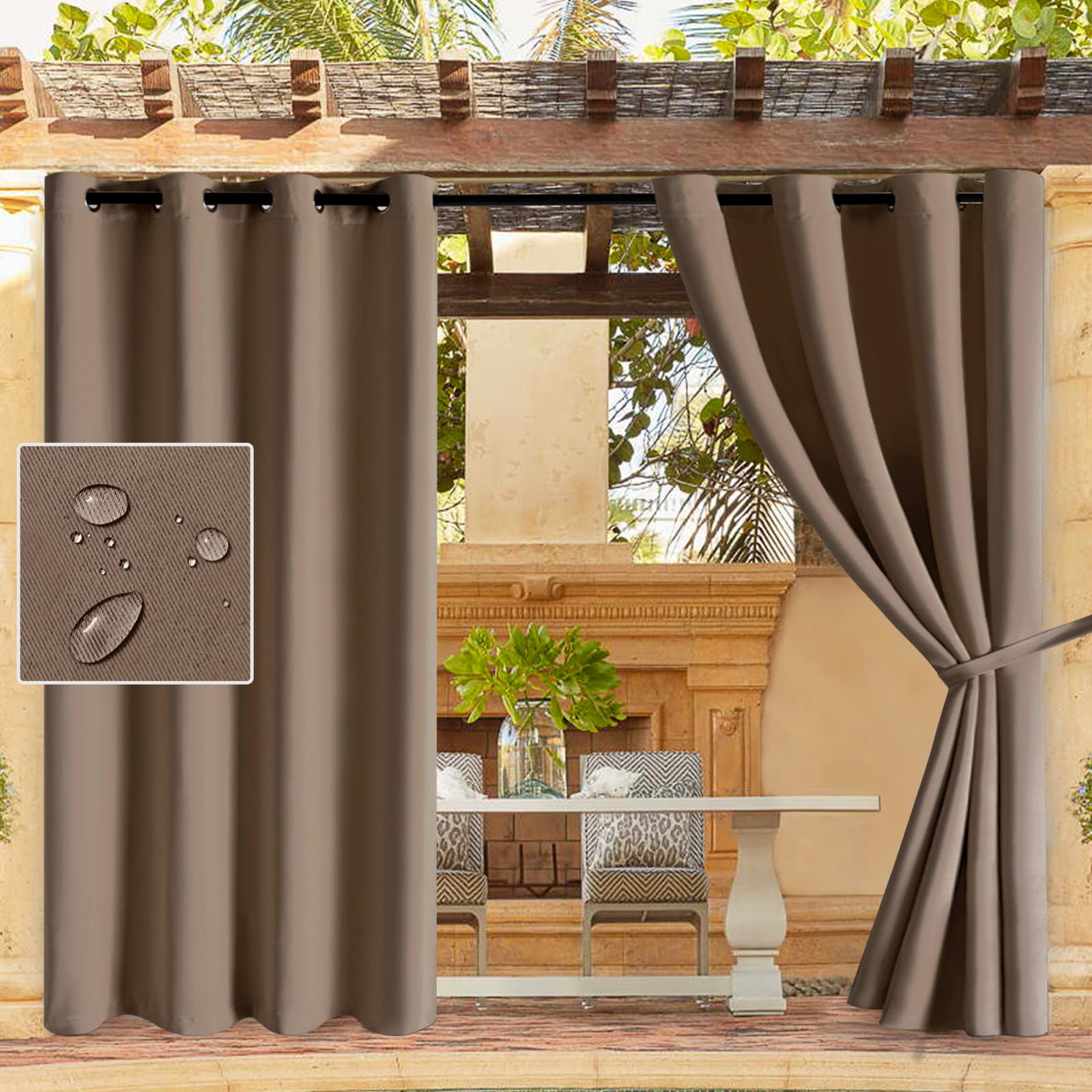 DWCN Waterproof Outdoor Curtains for Patio -Indoor Outdoor Thermal Insulated, Sun Blocking Grommet Blackout Curtains for Bedroom, Pergola, Porch and Cabana, Khaki, 52 x 84 inches Long, 2 Panels