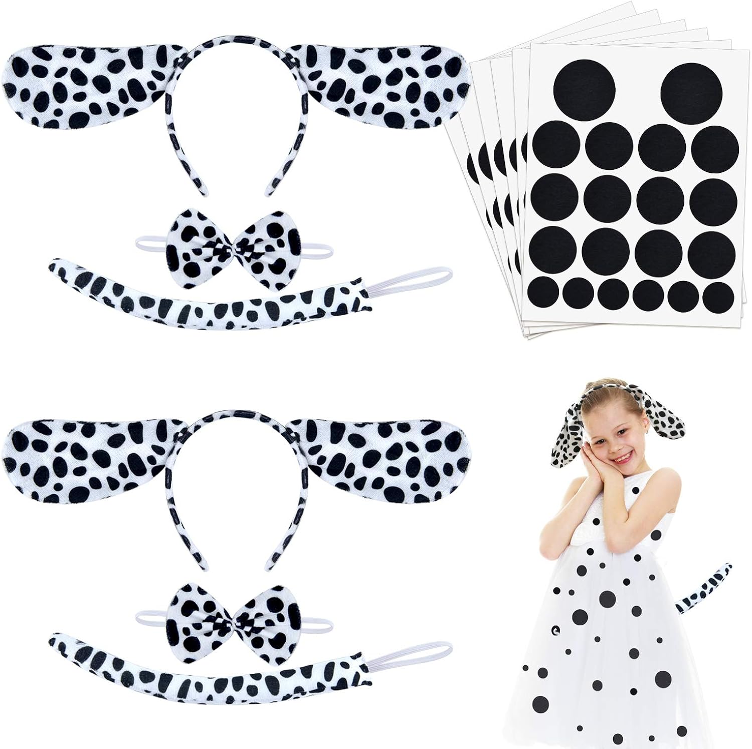 Coopay 6 Pieces Dalmatian Costume Set with Dog Ear Headbands, Bow Tie, Tail and 120