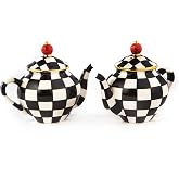 MACKENZIE-CHILDS Teapot Salt &amp; Pepper Set, Black-and-White Courtly Check | Hand-painted design, made from ceramic, kitchen table spice shaker set, 3.25" W x 3.25" H (each)
