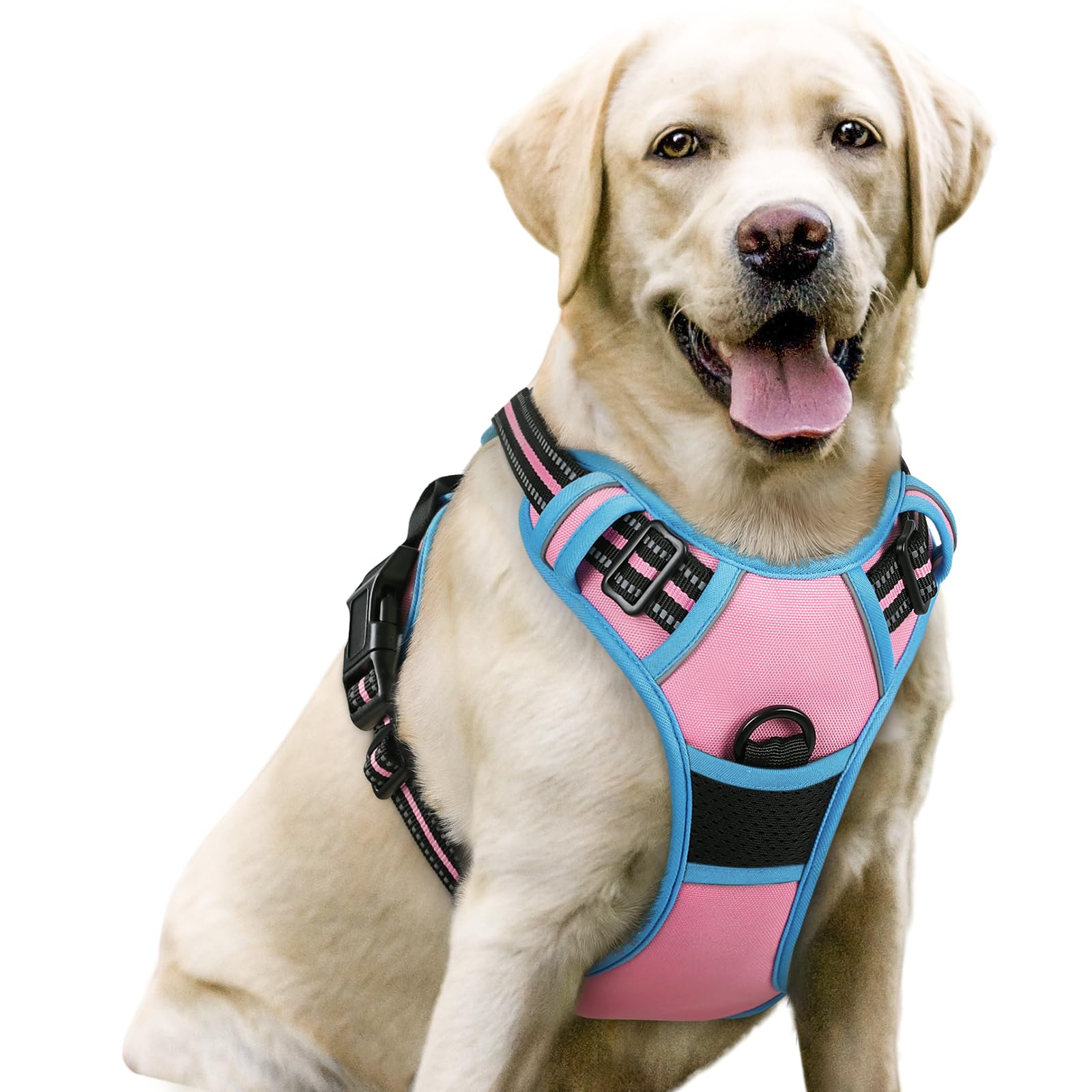 rabbitgoo Dog Harness Large Dog No Pull Pet Harness with 2 Leash Clips, Adjustable Soft Padded Pet Vest, Reflective No-Choke with Easy Control Handle for Training or Walking, Pink Blue L