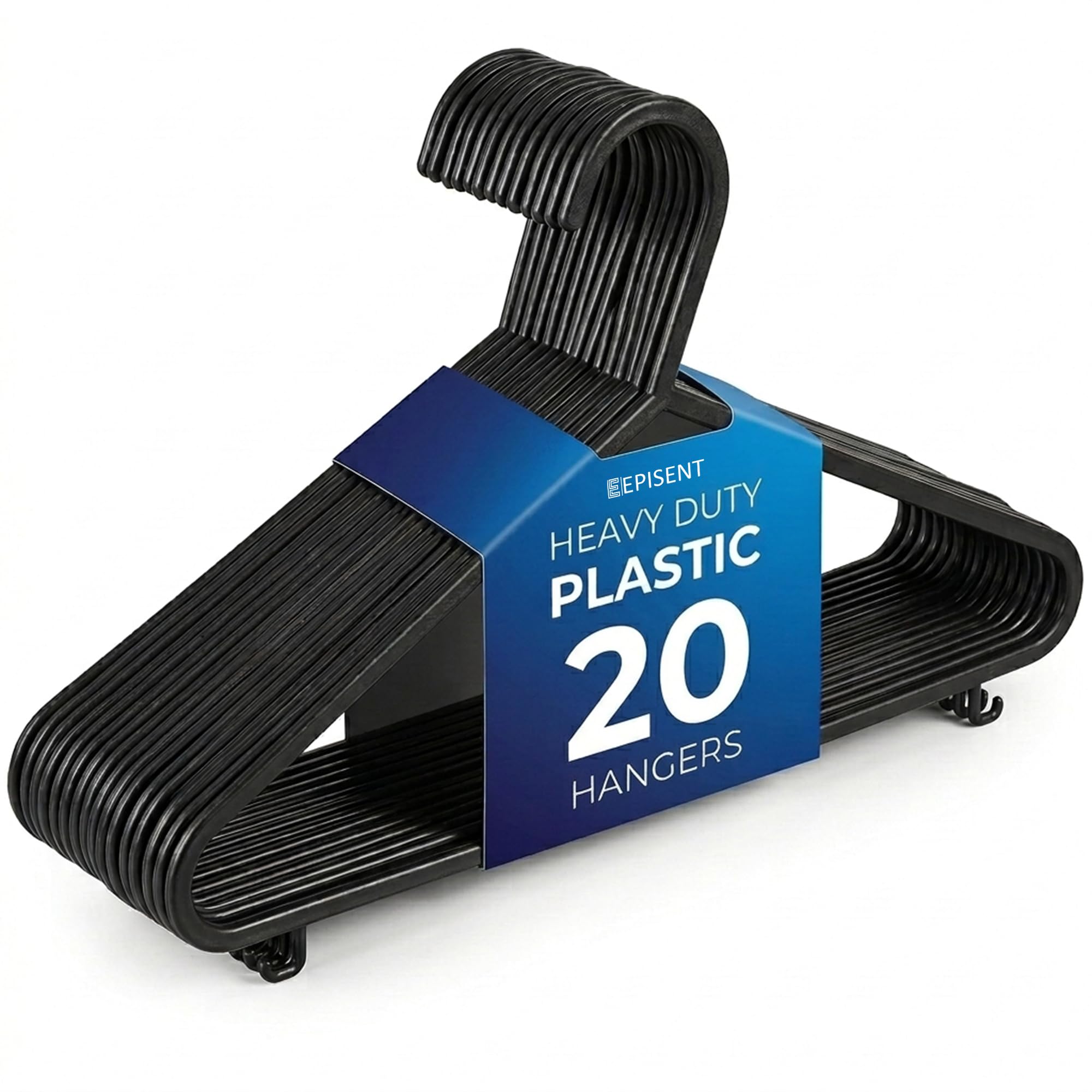 EPISENT Plastic Hangers with Hooks | Pack of 20 | Lightweight & Space-Saving | Durable Reinforced Construction | Slim Design with Powdered Black Finish | Closet Organizer Essentials