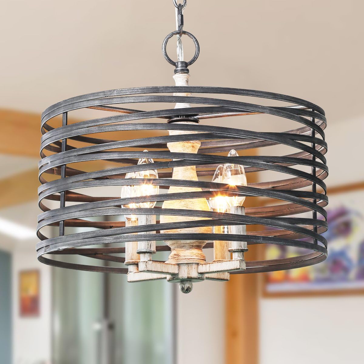 LOG BARN 4 Lights Transitional Foyer Chandelier, Farmhouse Drum Lightening Pendant Light in Antique Silver and Faux Wood Finish, 14.6" Small Dining Room Light Fixture, A03253