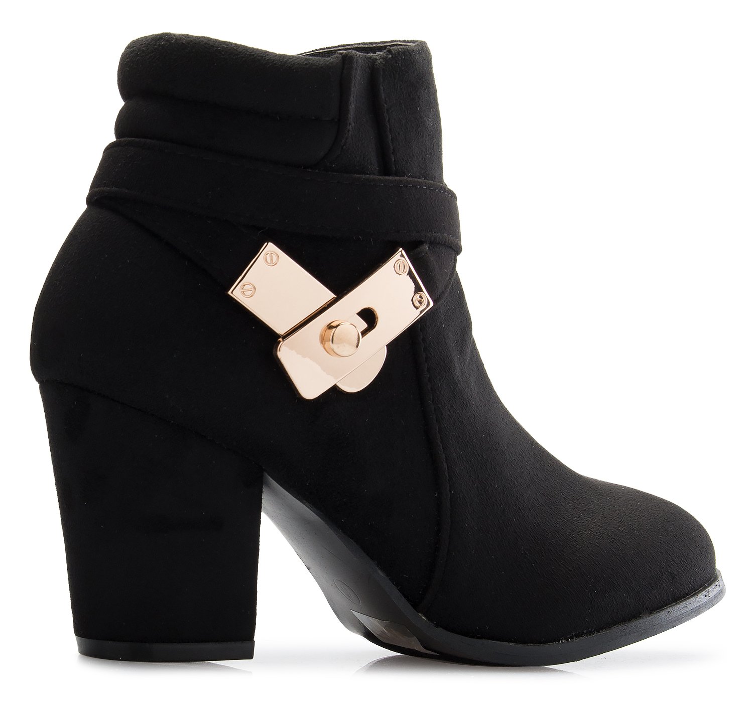 Olivia K Sexy High Stacked Block Heel Ankle Booties with Gold Buckle Decorated - Image 4
