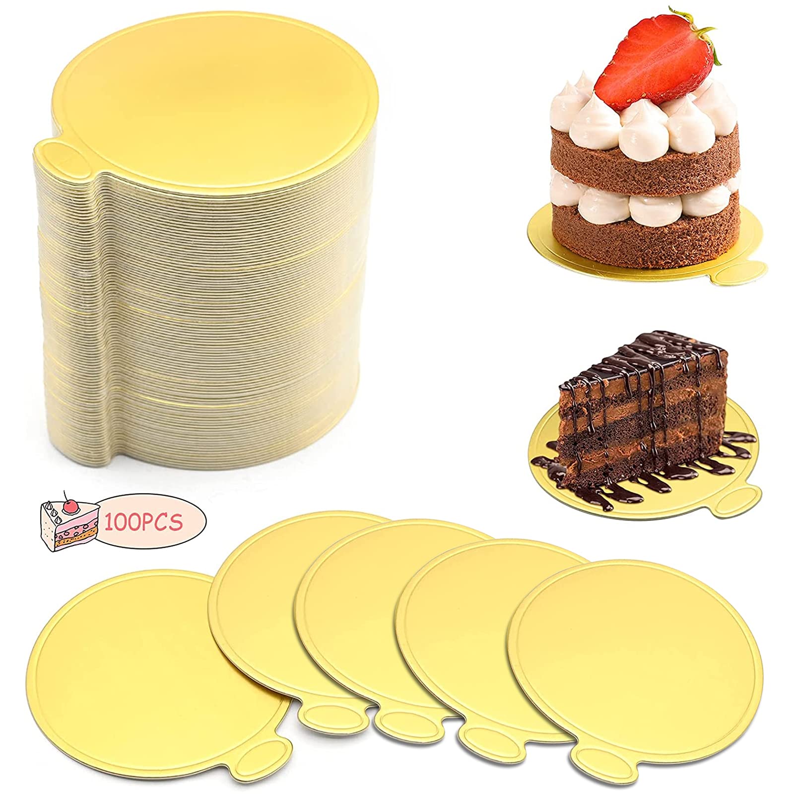 100Pcs Mousse Gold Cake Boards, Mini Cheesecake Disposable Boards Cardboard Cake Bases Dessert Trays for Display Wedding Birthday Party Cake Pastry Decoration (Round)