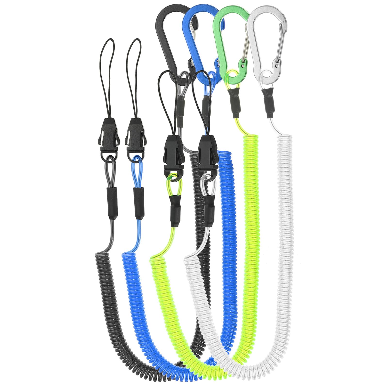 PATIKIL 4pcs Retractable Spring Coil Straps, 6" Spiral Stretchy Safety Lanyard Cord with Aluminium Removable Clip for Fishing Kayak Climbing Boating Pliers, Green,Blue,Clear,Black