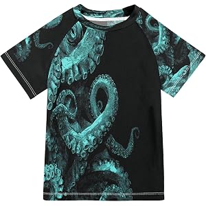 Jucciaco Boys Short Sleeve T-Shirts Octopus Kraken Green Rashguard Kids Swim Shirts Sun UPF 50+